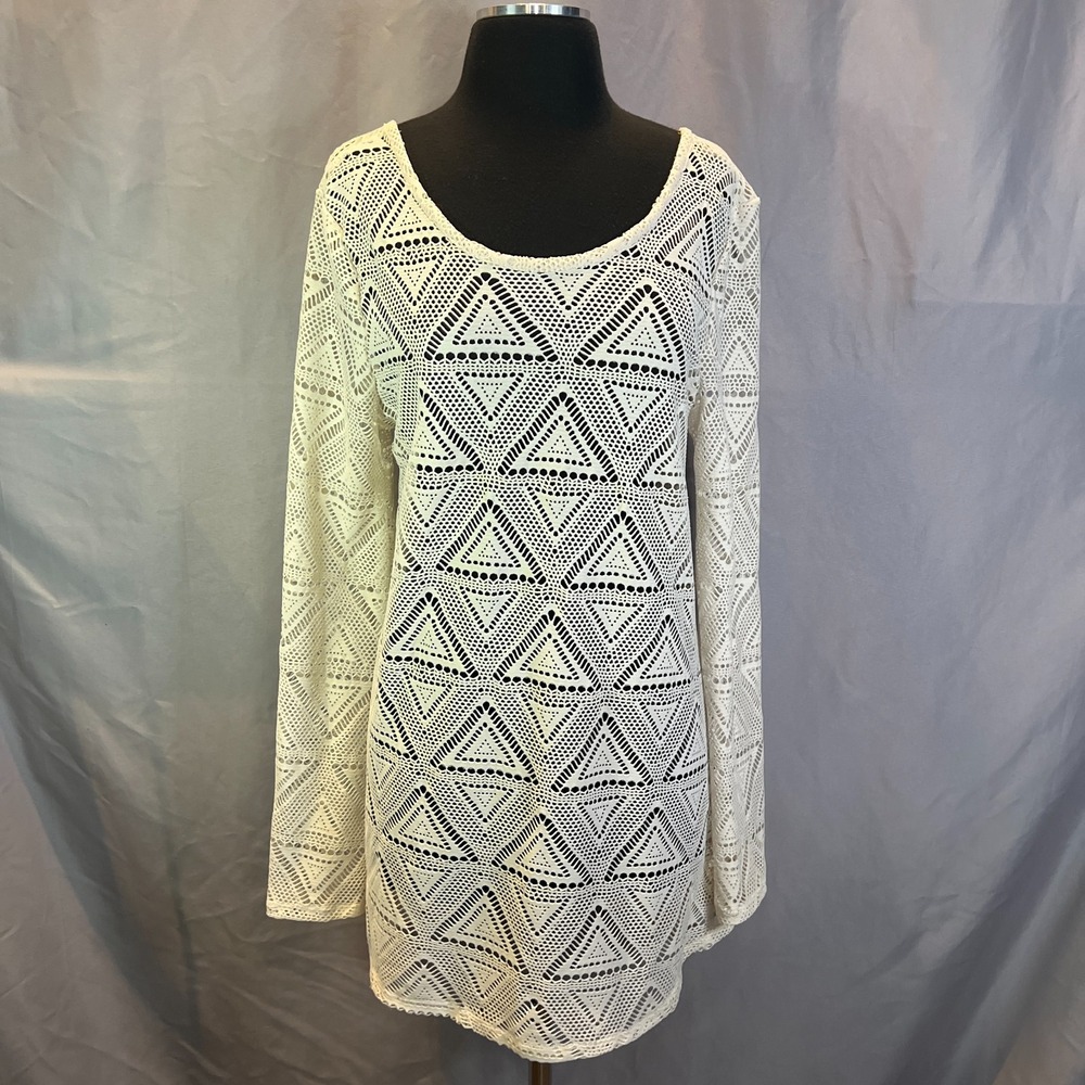 Lagaci Crochet Cover Up Womens Medium Beige Geometric Tie Back Bell Sleeve Beach